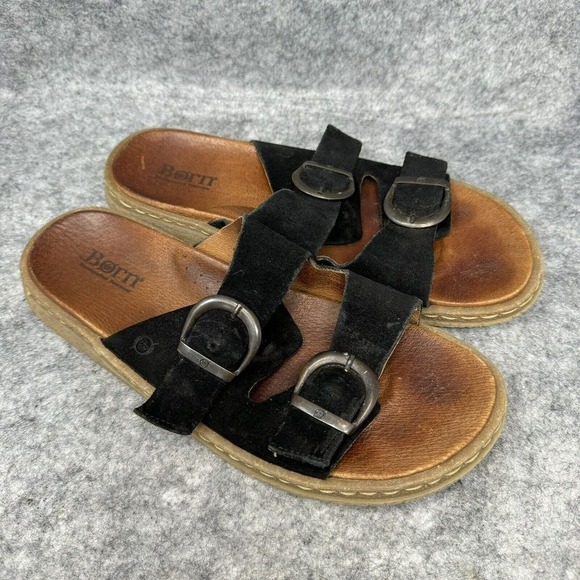Born Calysta Slide Sandals Womens Size 10 Black Buckle Suede Comfort Boho Straps - Picture 1 of 10